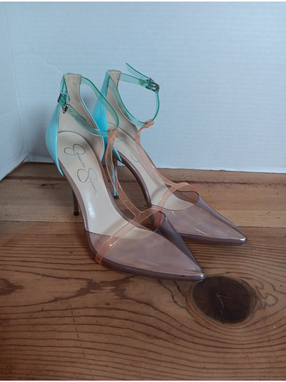 JESSICA SIMPSON Willrou 3 Women 9 Clear Plastic Stiletto Heel Sandals Blue Pink
